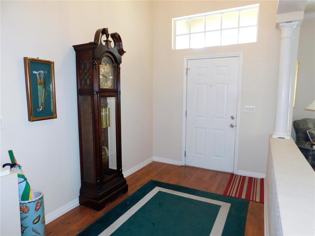 An entryway features a tall grandfather clock, a green area rug, and a white front door — 5107 PINNACLE DRIVE, OLDSMAR, FL