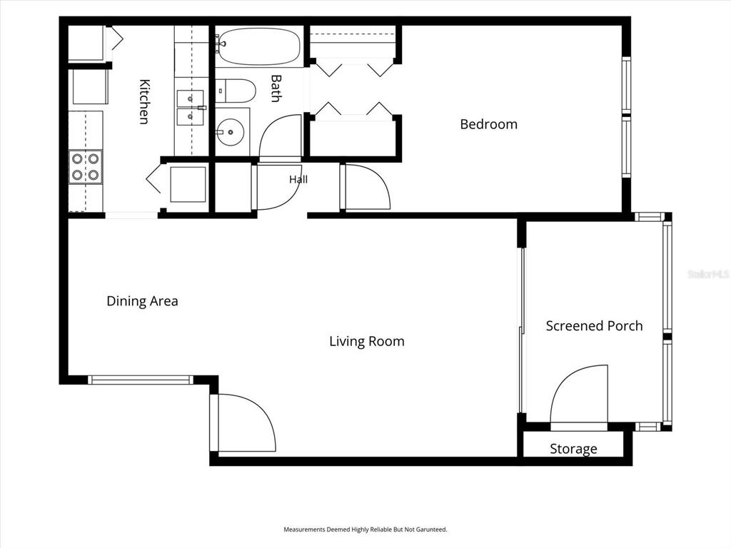 This is a floor plan for a one-bedroom apartment with a screened porch and storage — 6110 CURRY FORD ROAD UNIT 219, ORLANDO, FL