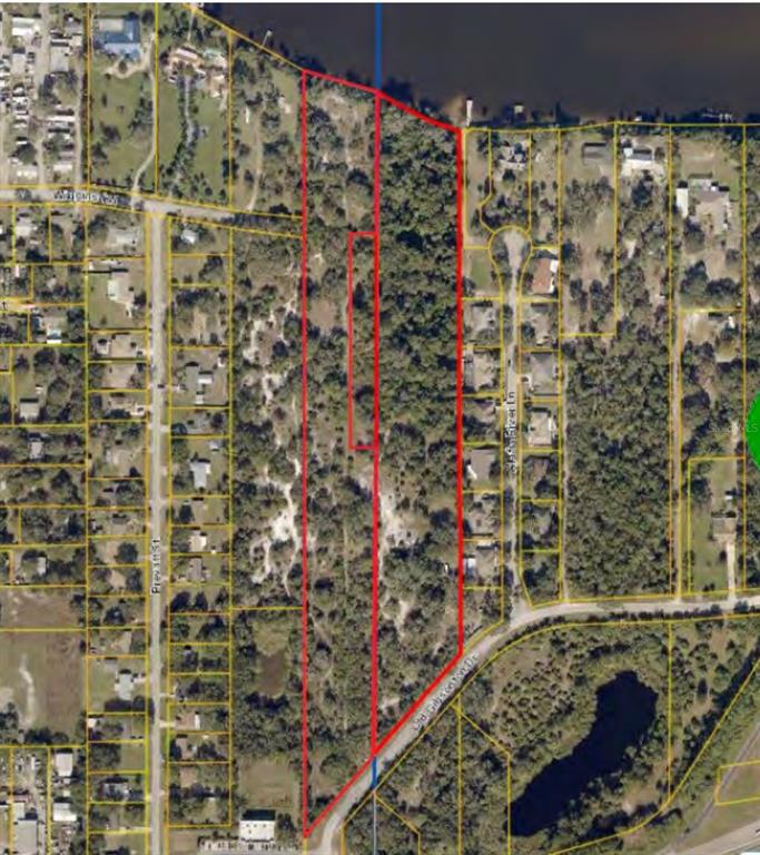 This aerial map shows a large, rectangular plot of land outlined in red near water — 9236-9248,9234 OLD GIBSONTON DRIVE, GIBSONTON, FL