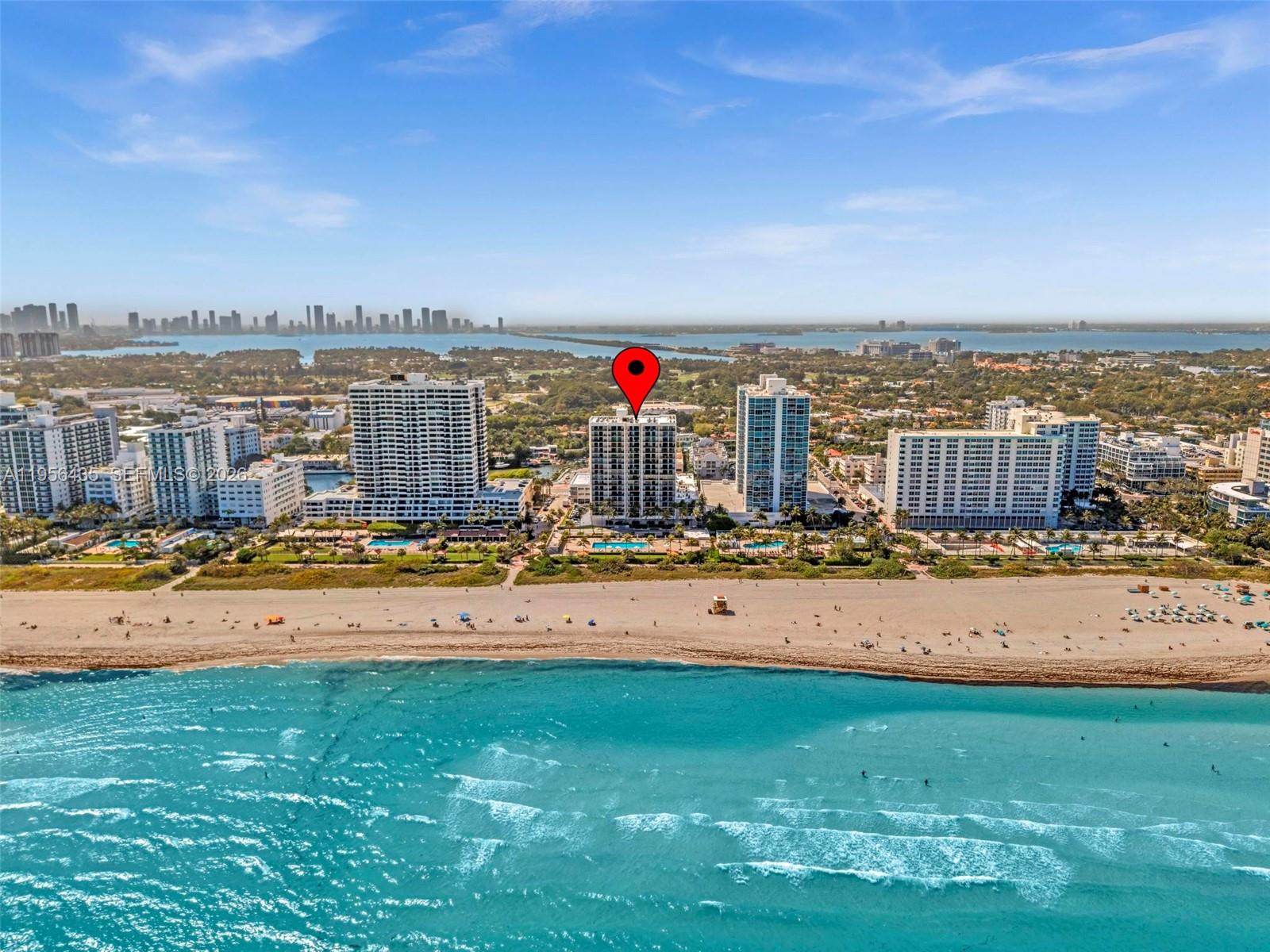 An aerial view shows a beachfront high-rise building marked with a red location pin — 2625 Collins Ave # 1109, Miami Beach FL 33140, MIAMI BEACH, FL