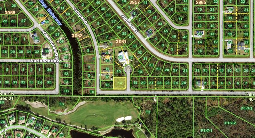 This is a satellite map view showing residential lots and streets in a suburban neighborhood — 14160 RISELEY AVENUE, PORT CHARLOTTE, FL