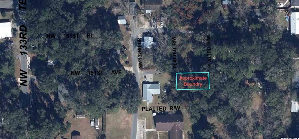 This aerial map shows a residential lot with an approximate boundary highlighted in blue — TBD NW 151ST AVENUE, ALACHUA, FL