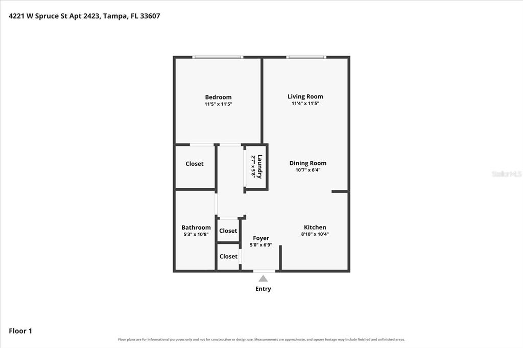This is a floor plan for a one-bedroom apartment with a kitchen, bathroom, and laundry — 4221 W SPRUCE STREET UNIT 1419, TAMPA, FL