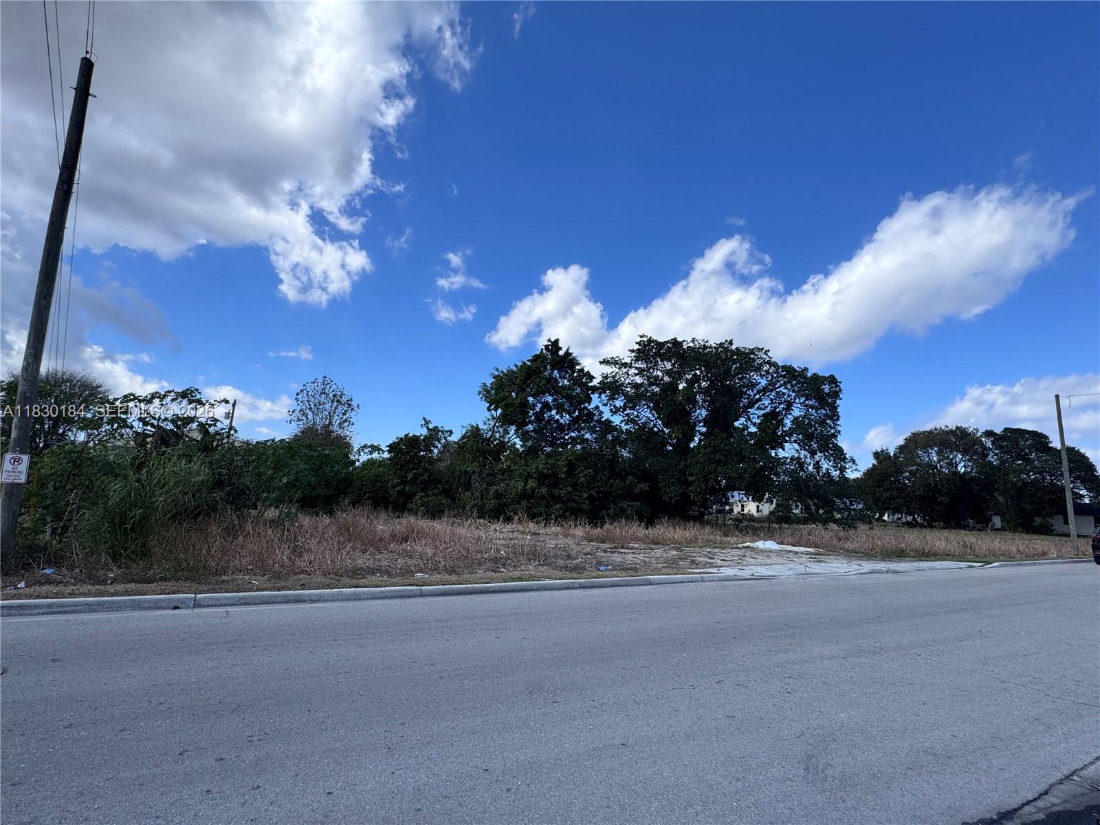 A vacant, grassy lot sits along a paved road under a blue sky with clouds — 875 JOE LOUIS AVE, Pahokee FL 33476, PAHOKEE, FL