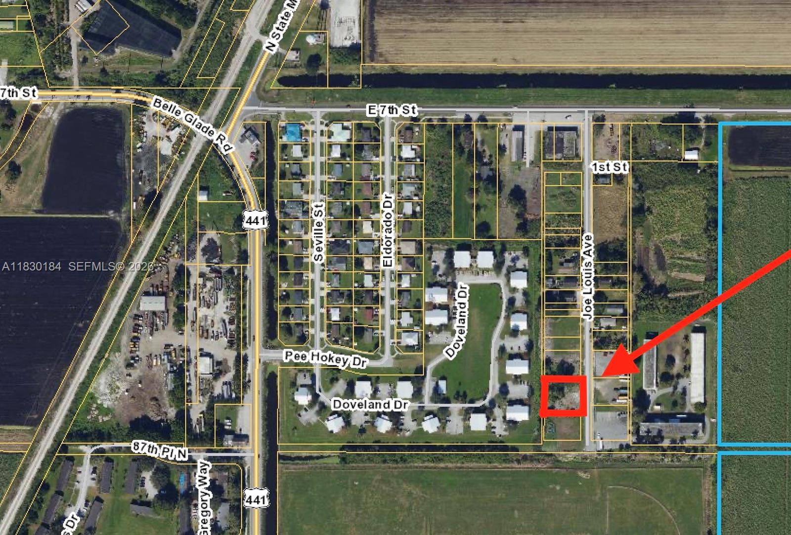 This is an aerial map showing a vacant lot highlighted in red near Joe Louis Avenue — 875 JOE LOUIS AVE, Pahokee FL 33476, PAHOKEE, FL