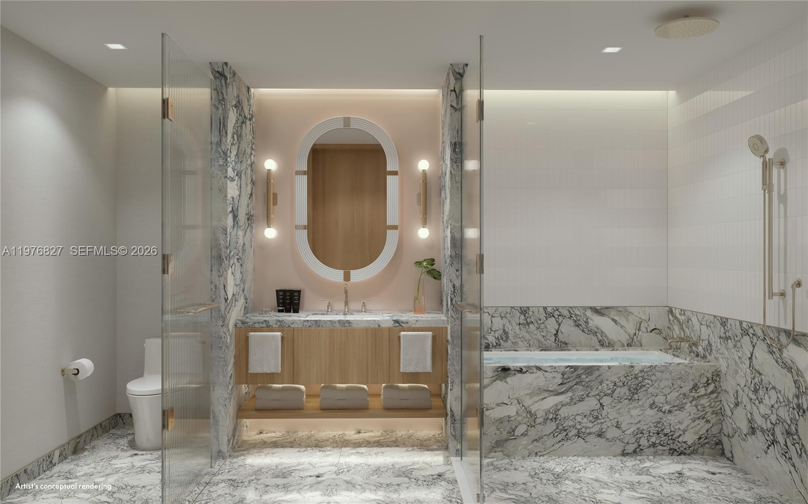 This rendering shows a modern bathroom with marble surfaces, a wooden vanity, and a glass-enclosed tub — 20 N Ocean Blvd # 1410, Pompano Beach FL 33062, POMPANO BEACH, FL