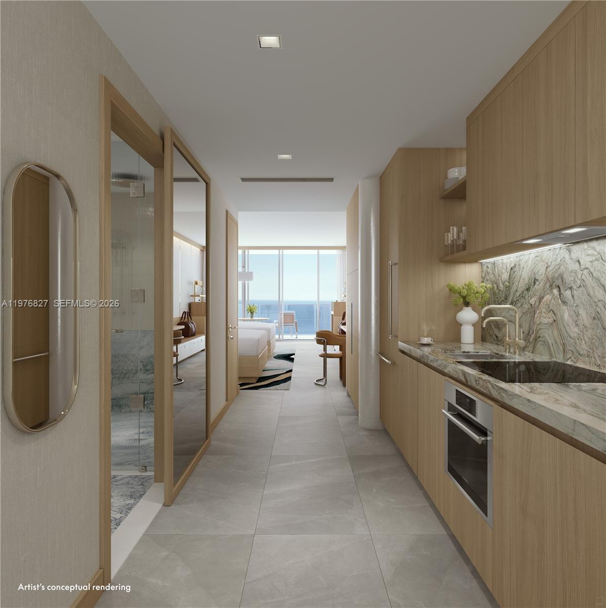 This rendering shows a modern kitchenette and hallway leading to a bedroom with ocean views — 20 N Ocean Blvd # 1410, Pompano Beach FL 33062, POMPANO BEACH, FL