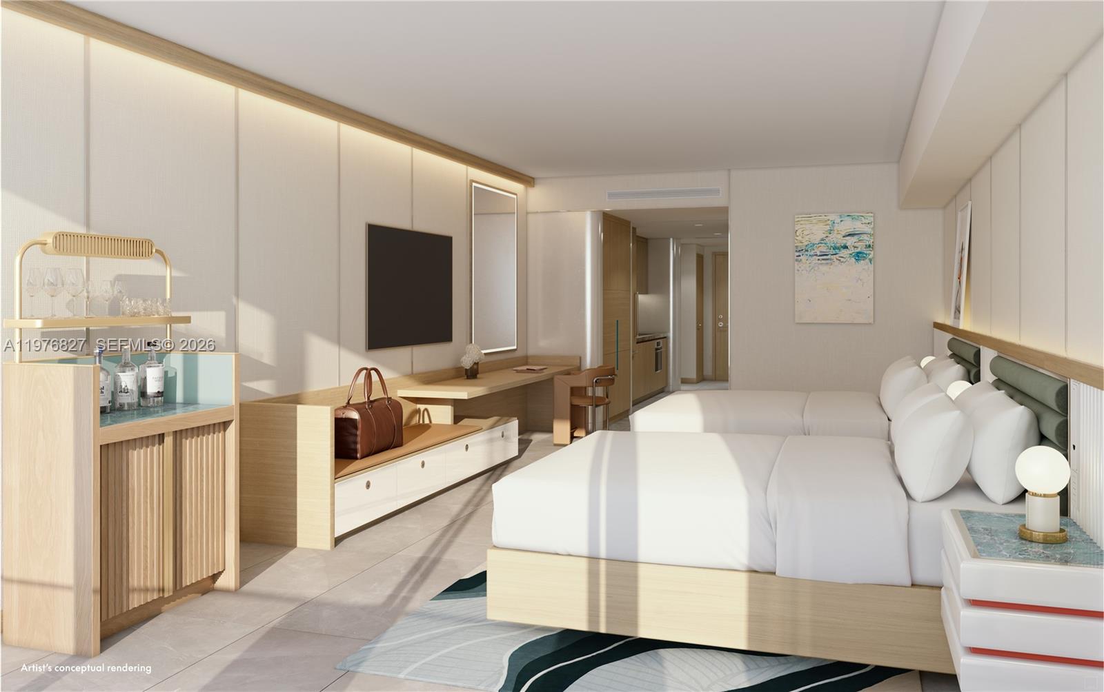 This rendering shows a modern hotel room with two beds, a kitchenette, and light wood finishes — 20 N Ocean Blvd # 1410, Pompano Beach FL 33062, POMPANO BEACH, FL