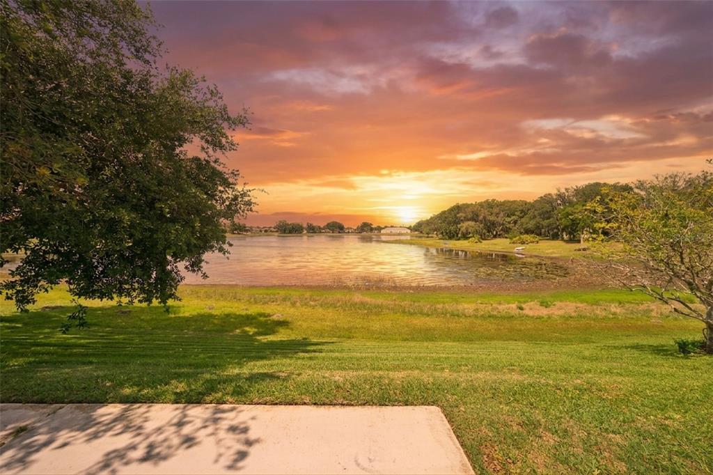A grassy yard overlooks a lake at sunset with trees on both sides — 3719 BELLE ROSE DRIVE, LEESBURG, FL
