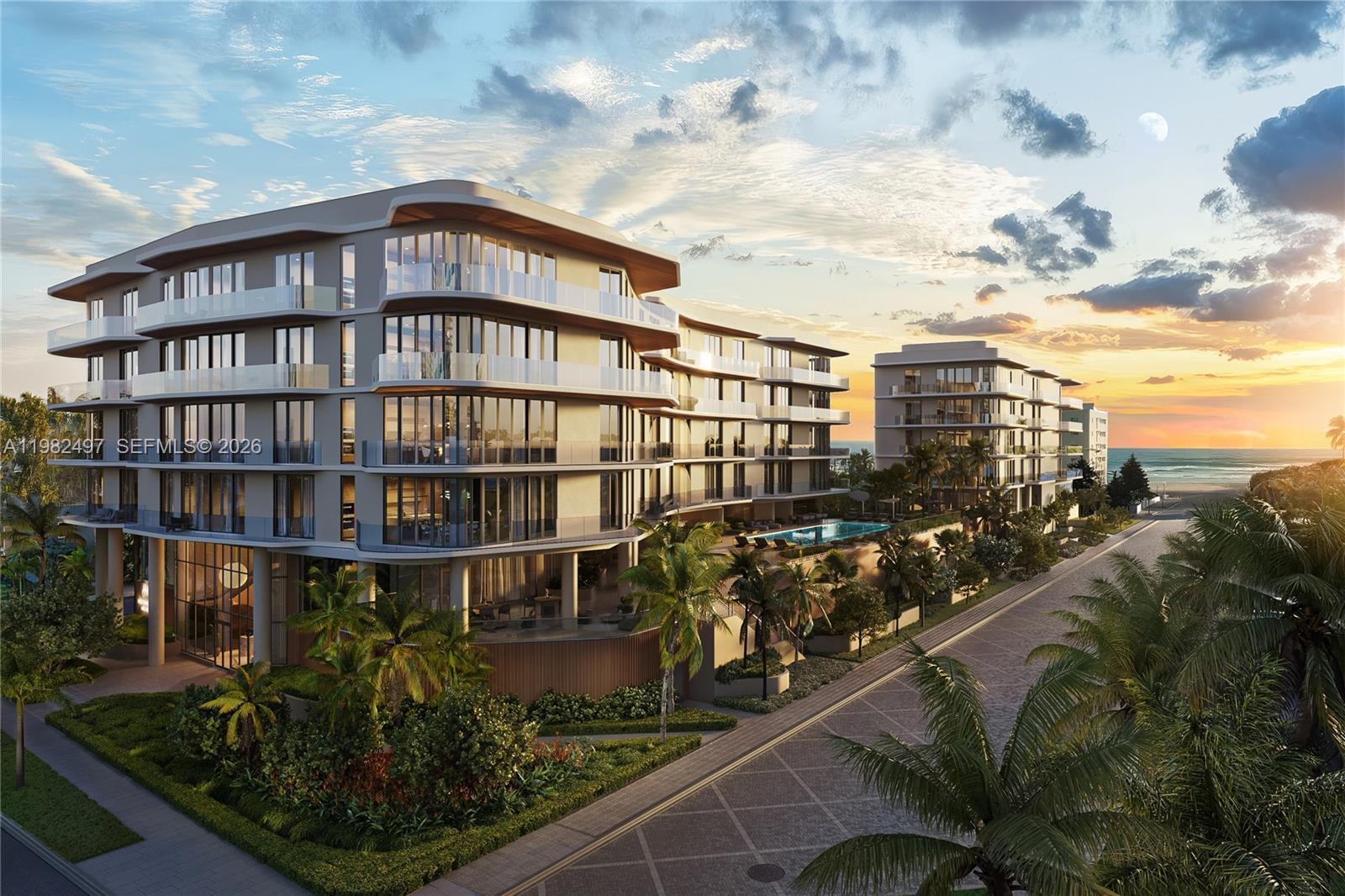 This is a digital rendering of a modern multi-story residential building with balconies and landscaping — 901 S Ocean Dr. # 612, Hollywood FL 33019, HOLLYWOOD, FL