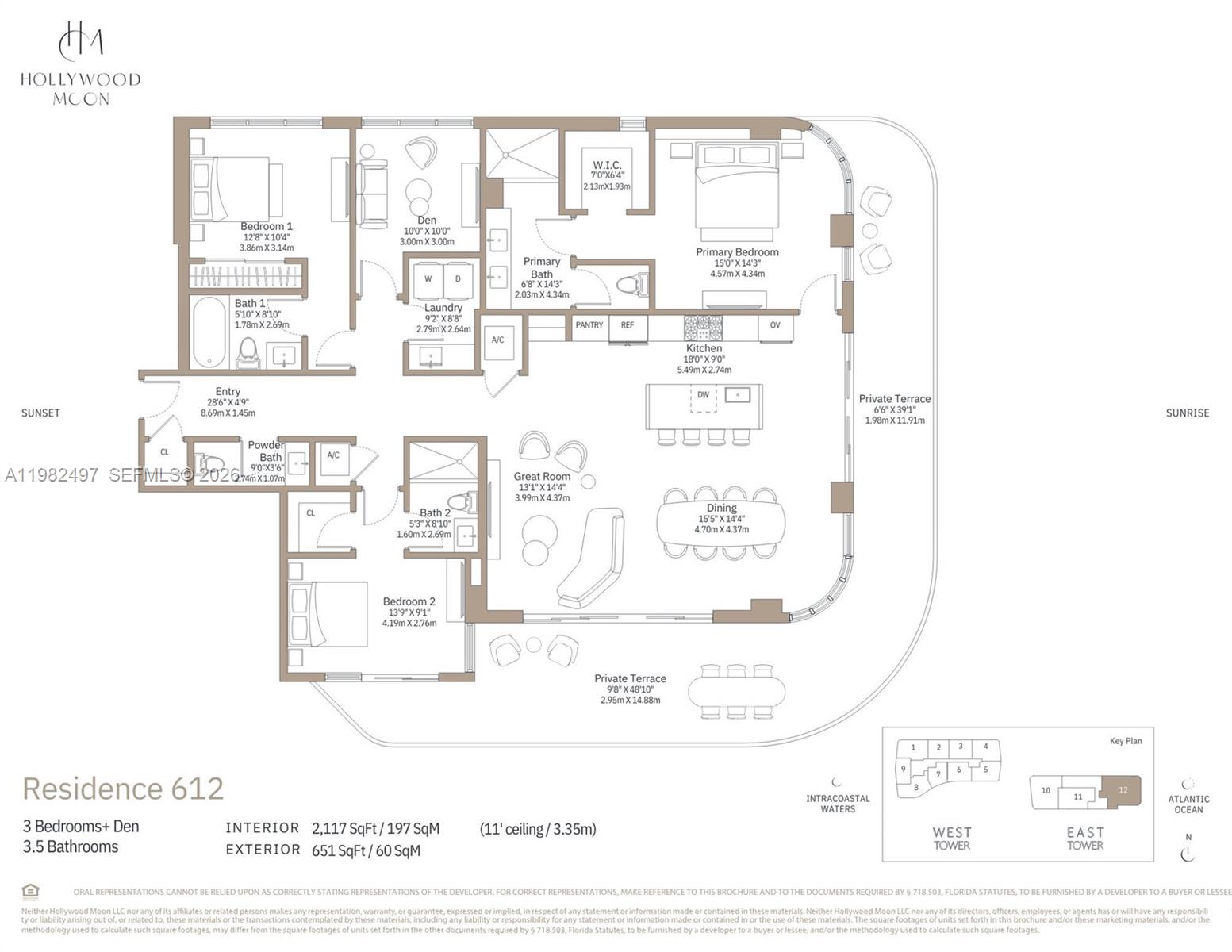 This is a floor plan for a three-bedroom residence with two private terraces — 901 S Ocean Dr. # 612, Hollywood FL 33019, HOLLYWOOD, FL