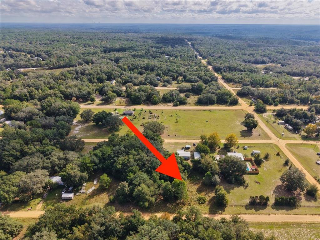 An aerial view shows a wooded lot with a red arrow pointing toward the property — 208 N HELMERS AVENUE, INTERLACHEN, FL