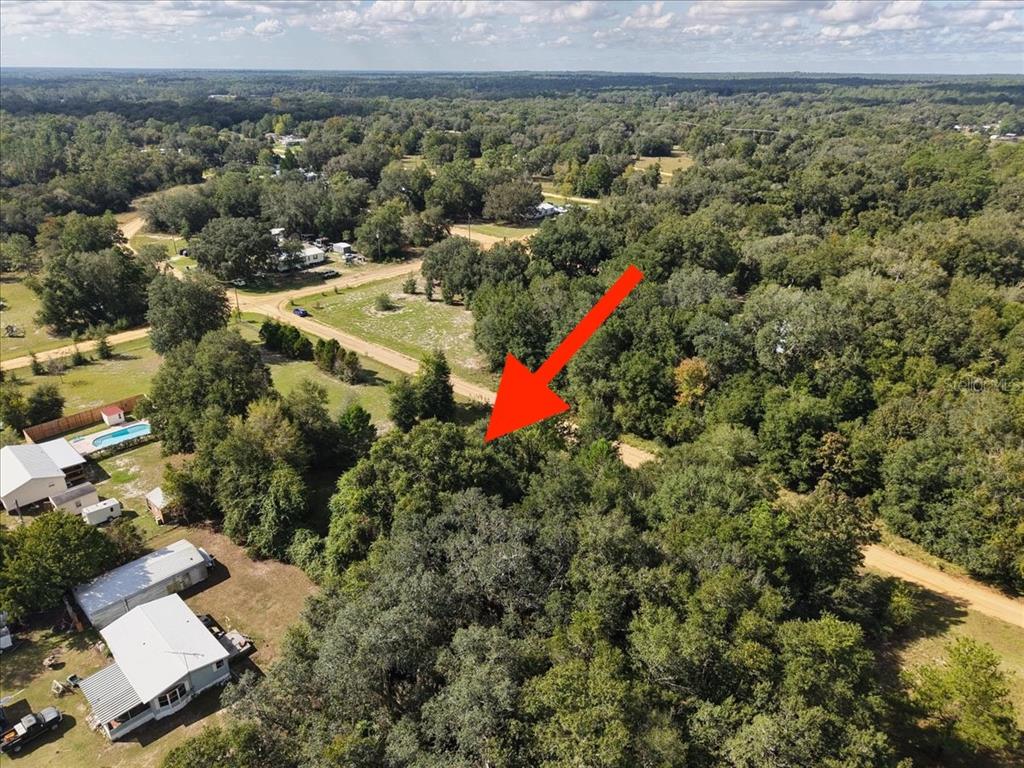 An aerial view shows a wooded lot with a red arrow pointing toward the trees — 208 N HELMERS AVENUE, INTERLACHEN, FL