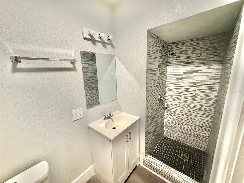 A bathroom features a white vanity, a wall-mounted mirror, and a tiled walk-in shower — 4700 10TH AVENUE S, ST PETERSBURG, FL
