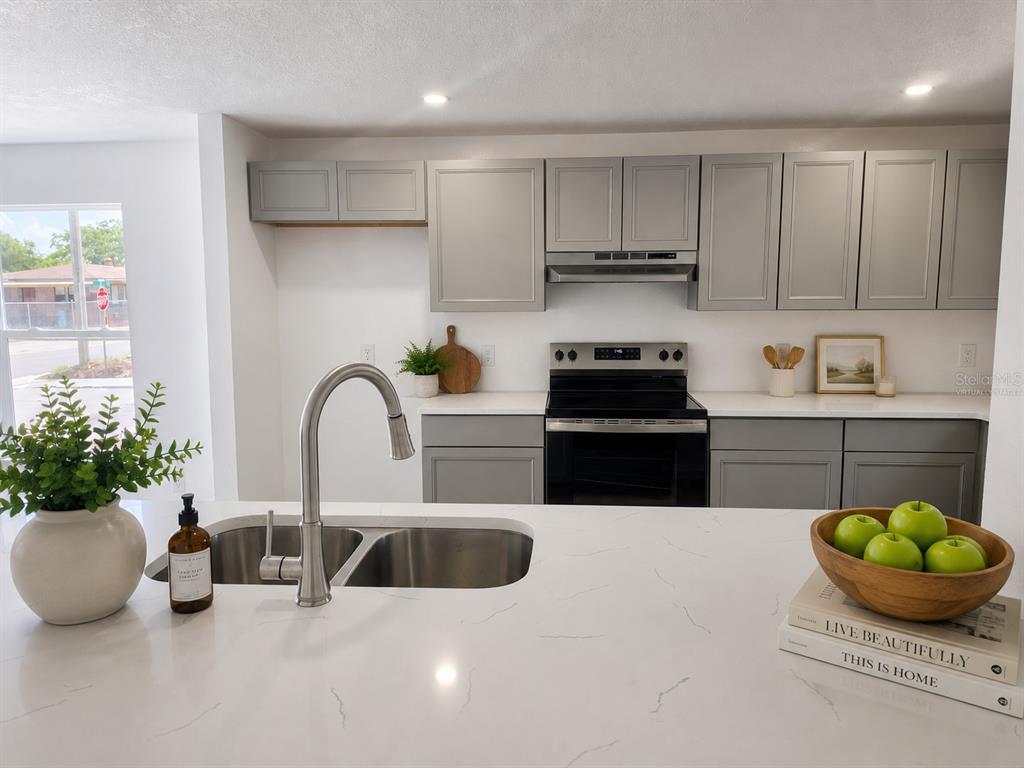 A kitchen features gray cabinets, white countertops, a stainless steel sink, and a black stove — 201 DR J A WILTSHIRE AVENUE W, LAKE WALES, FL