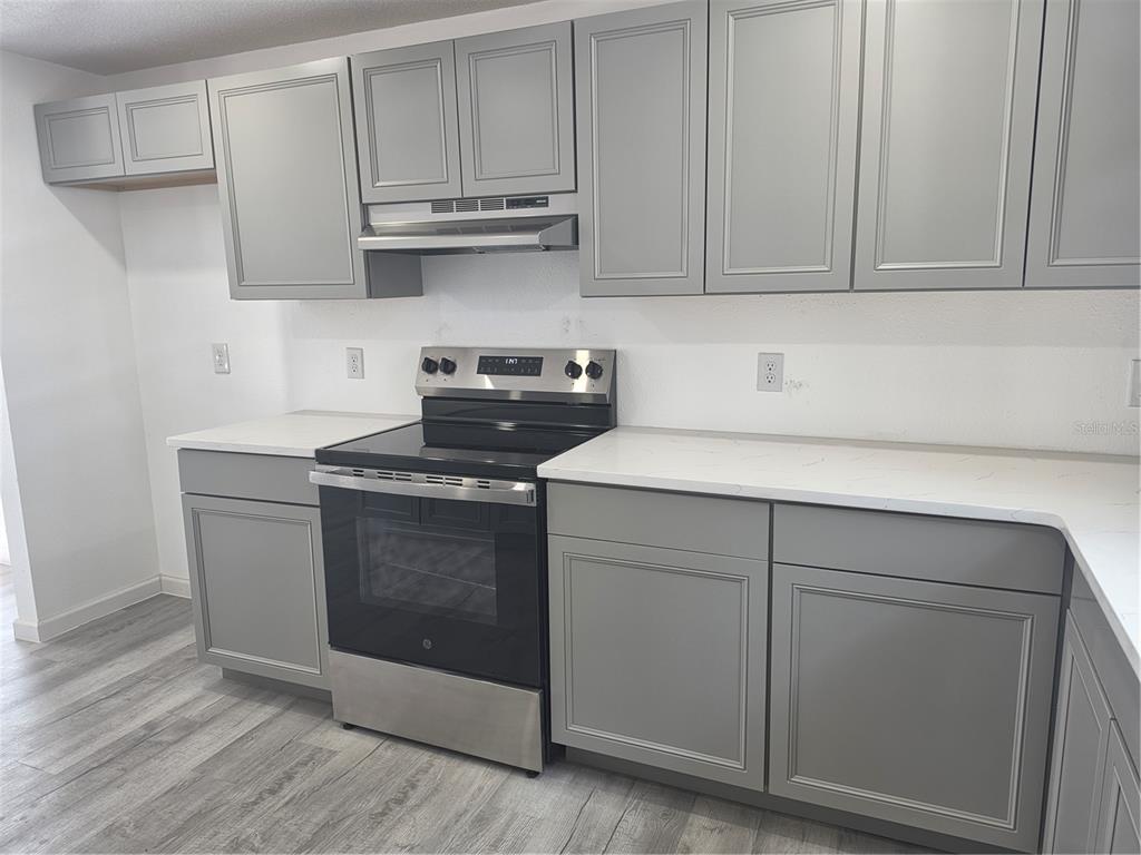 A kitchen features gray cabinets, white countertops, stainless steel appliances, and wood-look flooring — 201 DR J A WILTSHIRE AVENUE W, LAKE WALES, FL