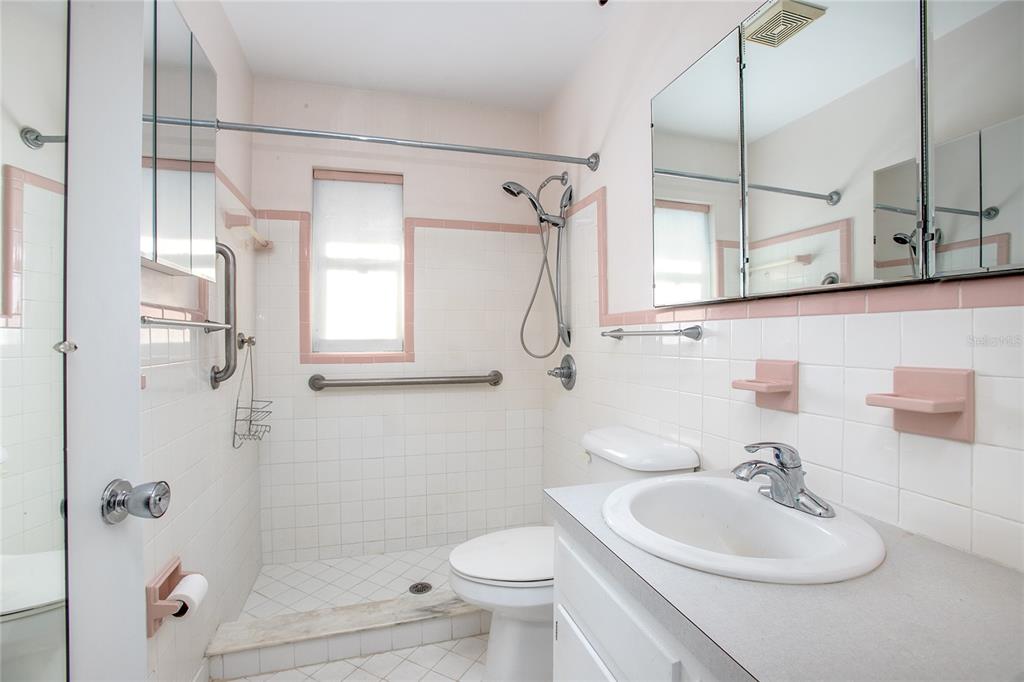 A bathroom features white tiled walls with pink trim, a walk-in shower, and a vanity — 135 W MINNESOTA AVENUE UNIT 10, DELAND, FL