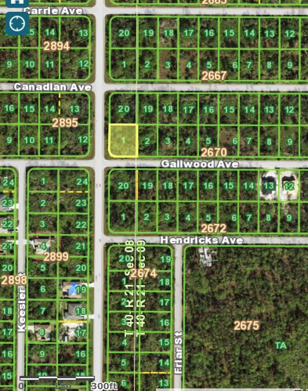 This is a map showing a highlighted residential lot within a grid of undeveloped land — 1216 JACOBS STREET, PORT CHARLOTTE, FL