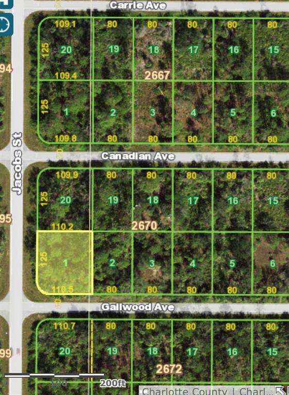 This is a map showing a highlighted rectangular land parcel among other subdivided residential lots — 1216 JACOBS STREET, PORT CHARLOTTE, FL