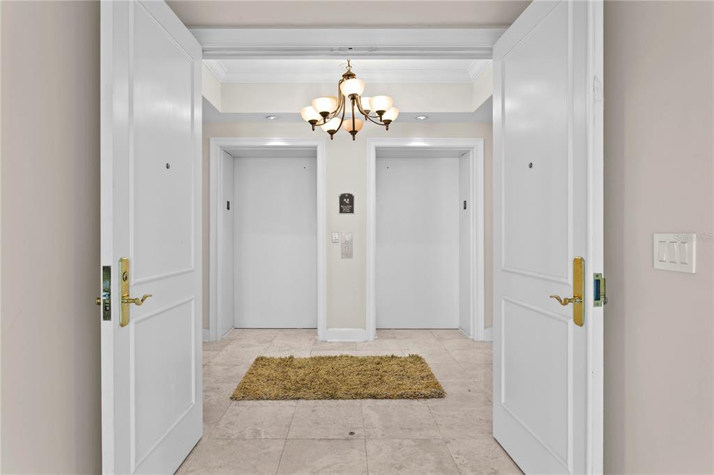 An elevator lobby features white double doors, two closed elevator doors, and a chandelier — 300 BEACH DRIVE NE UNIT 1201, ST PETERSBURG, FL