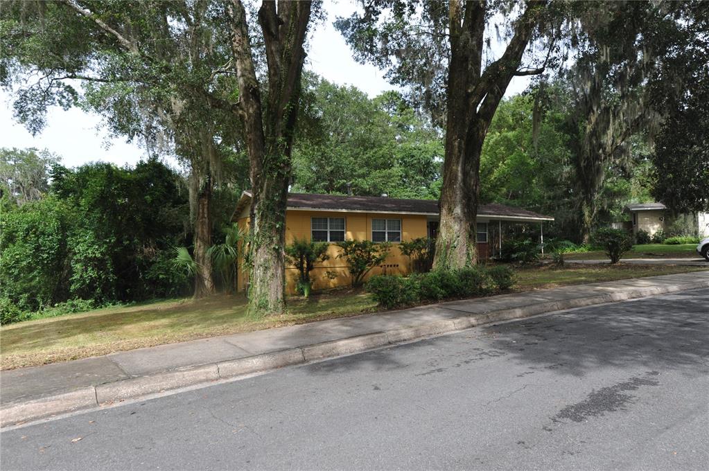 A yellow single-story house sits behind two large trees next to a paved street — 1410 NW 7TH ROAD, GAINESVILLE, FL