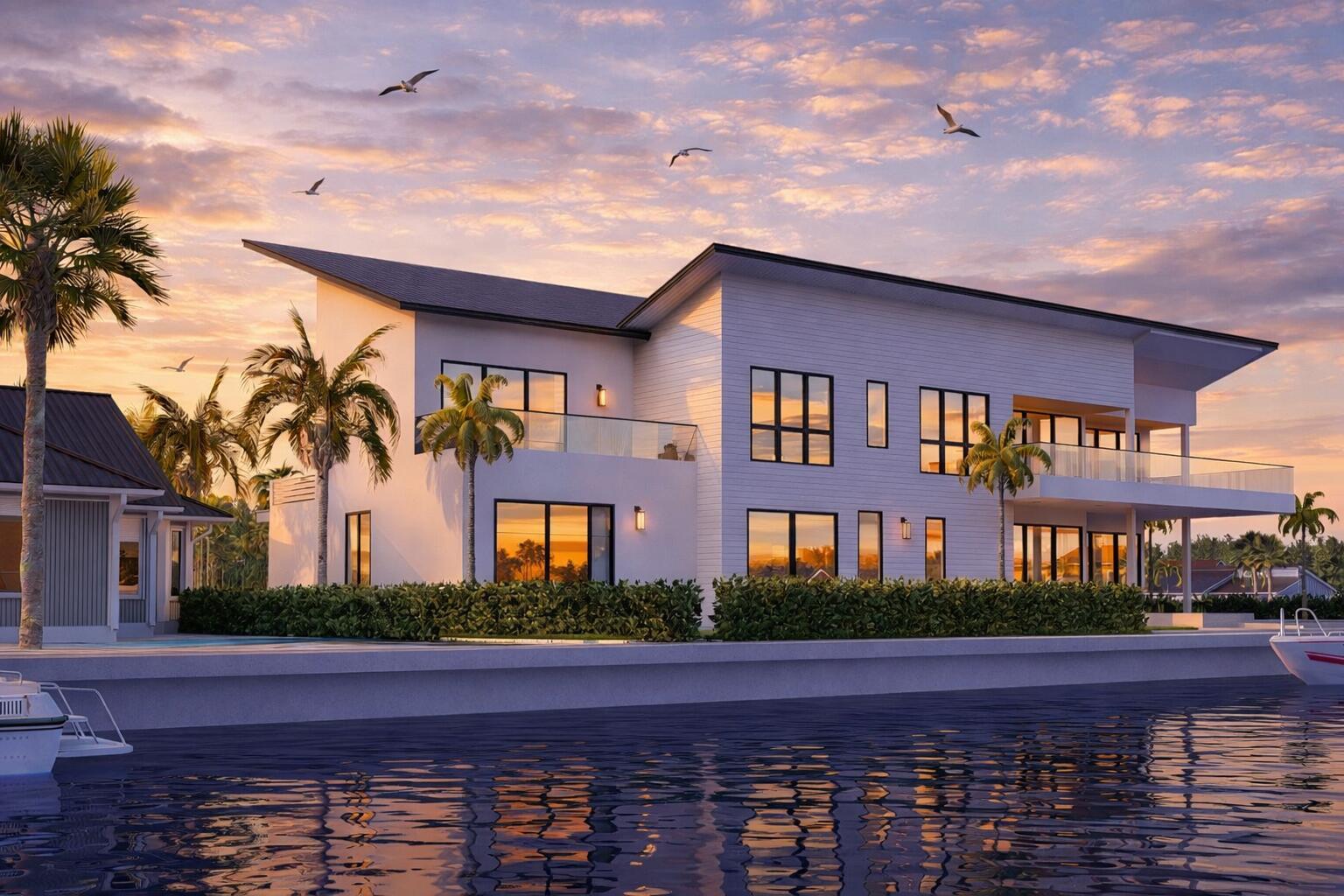 This is a rendering of a modern two-story waterfront home with a balcony and palm trees — 2840 NE 9th Court, Pompano Beach FL 33062, POMPANO BEACH, FL
