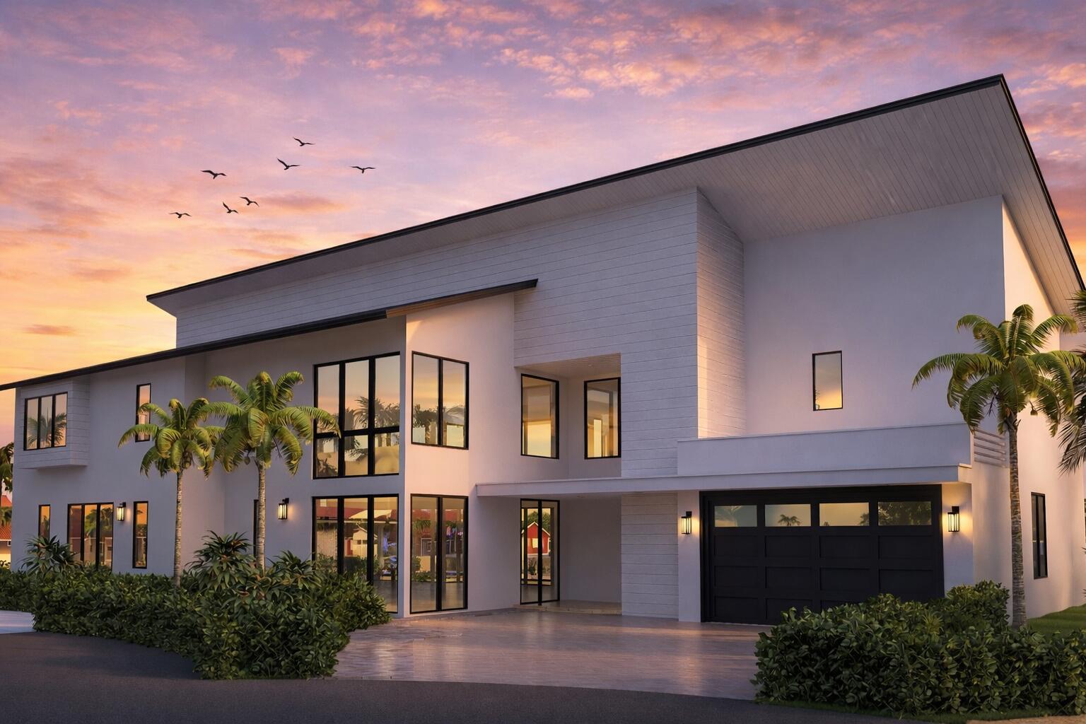 A digital rendering of a modern two-story house with a garage at sunset — 2840 NE 9th Court, Pompano Beach FL 33062, POMPANO BEACH, FL