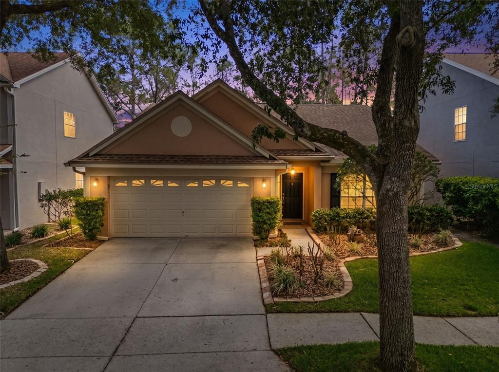 A single-story house with a two-car garage and a concrete driveway at dusk — 9403 WILLOW COVE COURT, TAMPA, FL