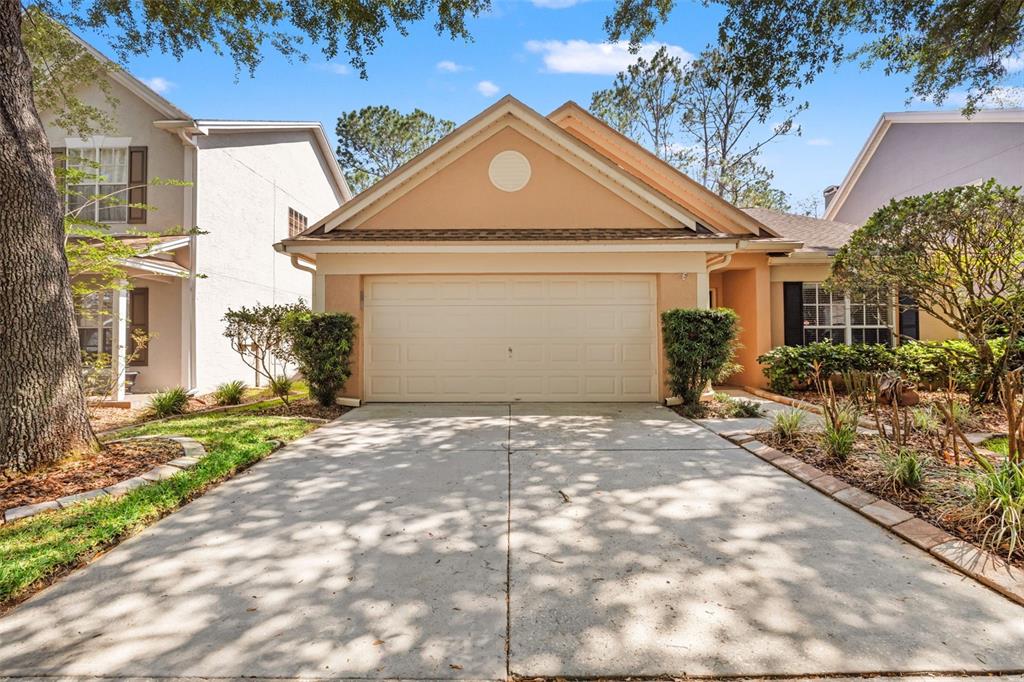 A single-story house with a beige stucco exterior, a two-car garage, and a concrete driveway — 9403 WILLOW COVE COURT, TAMPA, FL