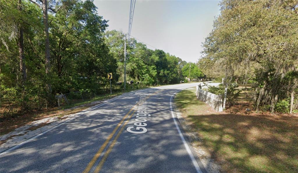 A paved road with a yellow center line curves through a wooded area — GEORGETOWN DENVER POINT ROAD, GEORGETOWN, FL
