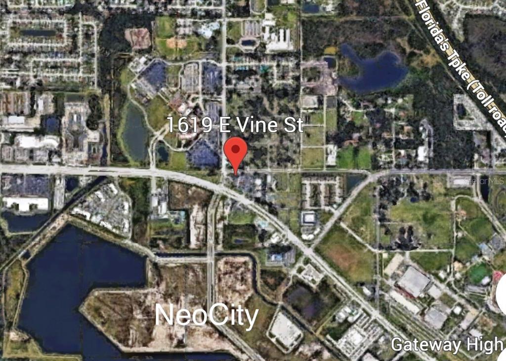 This is an aerial map showing the location of a property near a highway — 1619 E VINE STREET, KISSIMMEE, FL