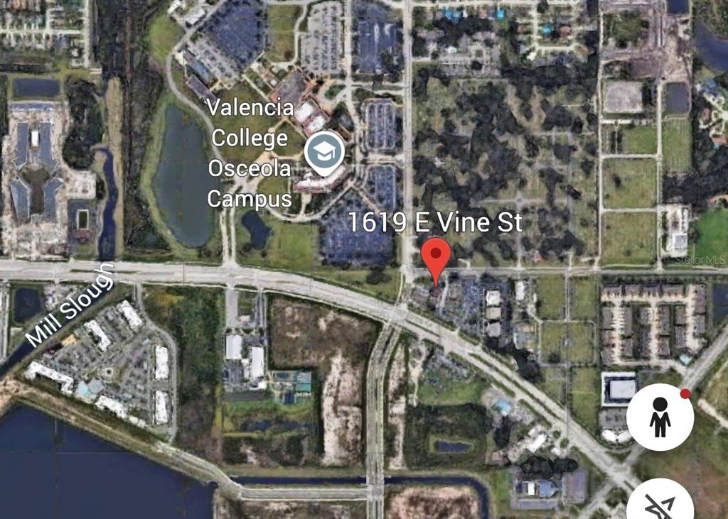 This is an aerial map view showing the location of a property near Valencia College — 1619 E VINE STREET, KISSIMMEE, FL