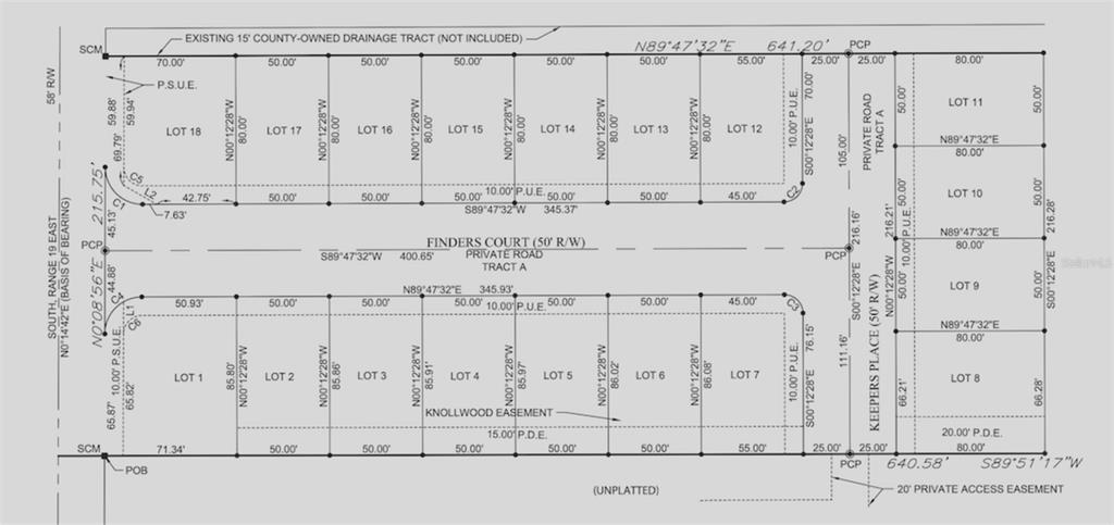 This is a land survey map showing the layout of residential lots and private roads — 5009 FINDERS COURT, TAMPA, FL