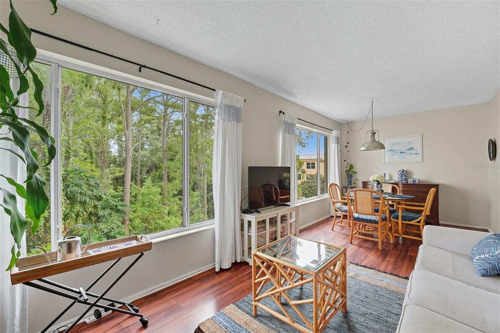 A living and dining area with wood floors, large windows, and rattan furniture — 2430 FLORENTINE WAY UNIT 56, CLEARWATER, FL