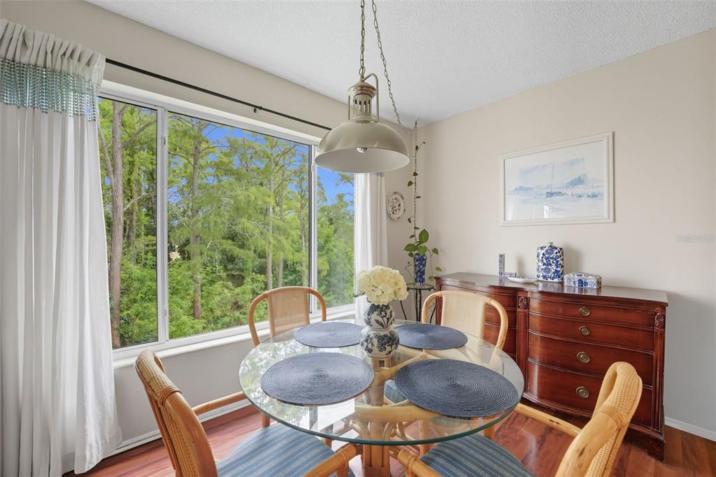 A dining area features a glass-topped rattan table, a wooden sideboard, and a large window — 2430 FLORENTINE WAY UNIT 56, CLEARWATER, FL