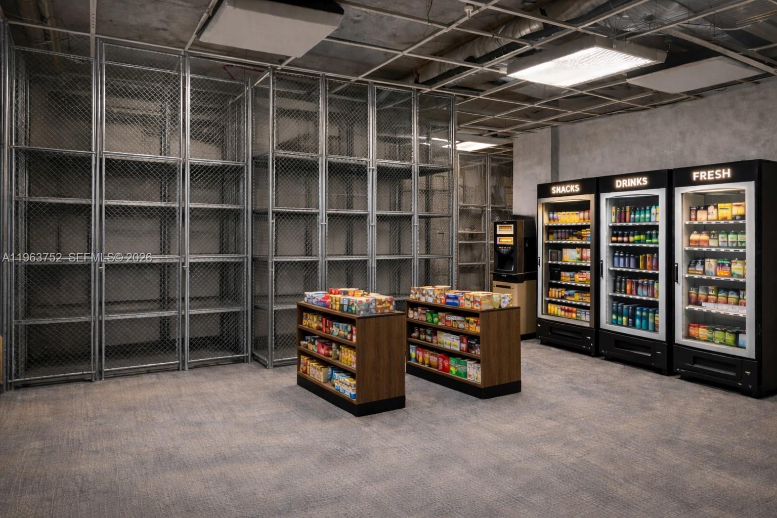 A break room features metal storage cages, two snack shelves, and three refrigerated vending machines — 5601 Collins Ave # 9, Miami Beach FL 33140, MIAMI BEACH, FL