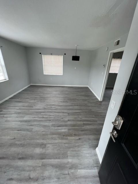 An empty room features gray wood-look flooring, light gray walls, and a black front door — 13106 LEISUREWOOD PLACE UNIT 102, TAMPA, FL