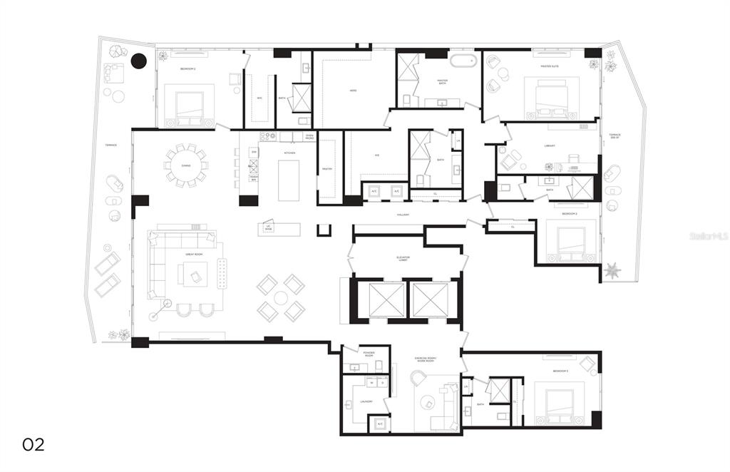This is a floor plan for a large residential unit featuring multiple bedrooms, bathrooms, and terraces — 3015 S YSABELLA AVENUE UNIT PH 3102, TAMPA, FL