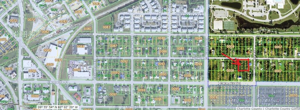This is a map showing property parcel boundaries and street layouts in a residential area — 721 BURLAND STREET, PUNTA GORDA, FL