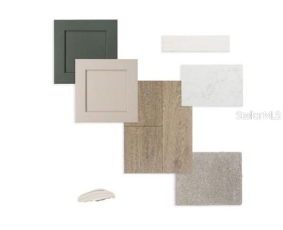 This is a digital rendering of interior design finish samples including cabinetry, flooring, and countertops — 5625 WHITE IBIS POINT, ST CLOUD, FL