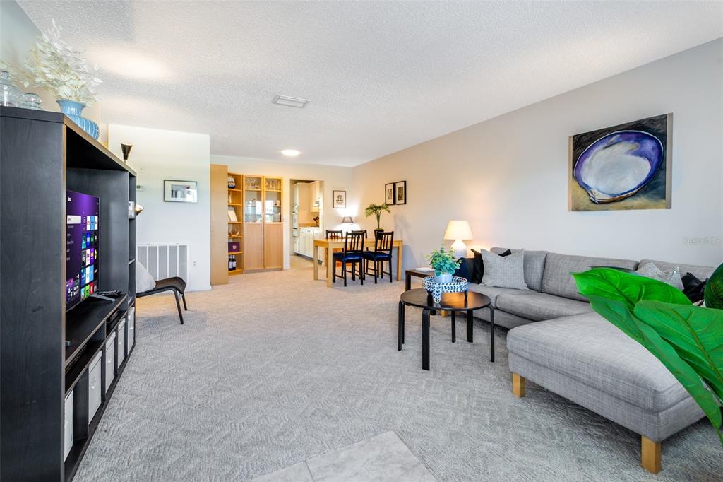 A living room with gray carpet, a sectional sofa, a dining set, and a television — 2850 59TH STREET S UNIT 205, GULFPORT, FL