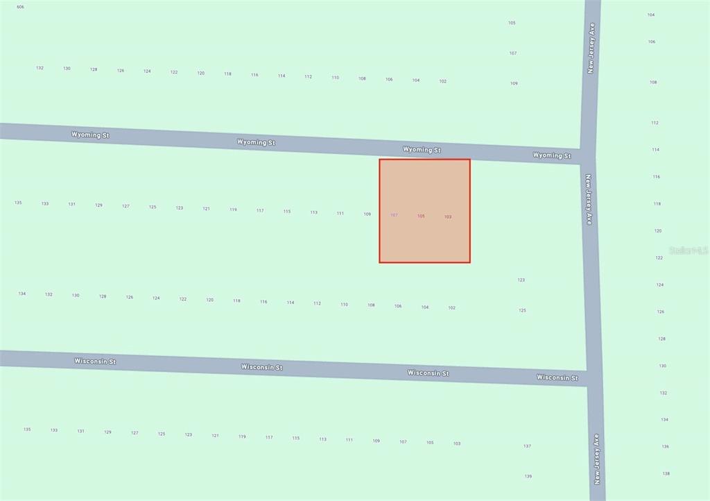 This is a map showing a highlighted rectangular land parcel located along Wyoming Street — 103 WYOMING STREET, HAWTHORNE, FL