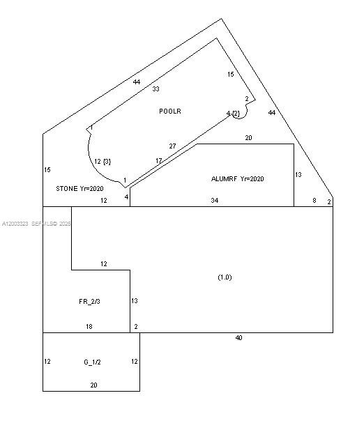 This is a floor plan showing the layout of a house, garage, and swimming pool — 31 NE 27th Dr, Wilton Manors FL 33334, WILTON MANORS, FL