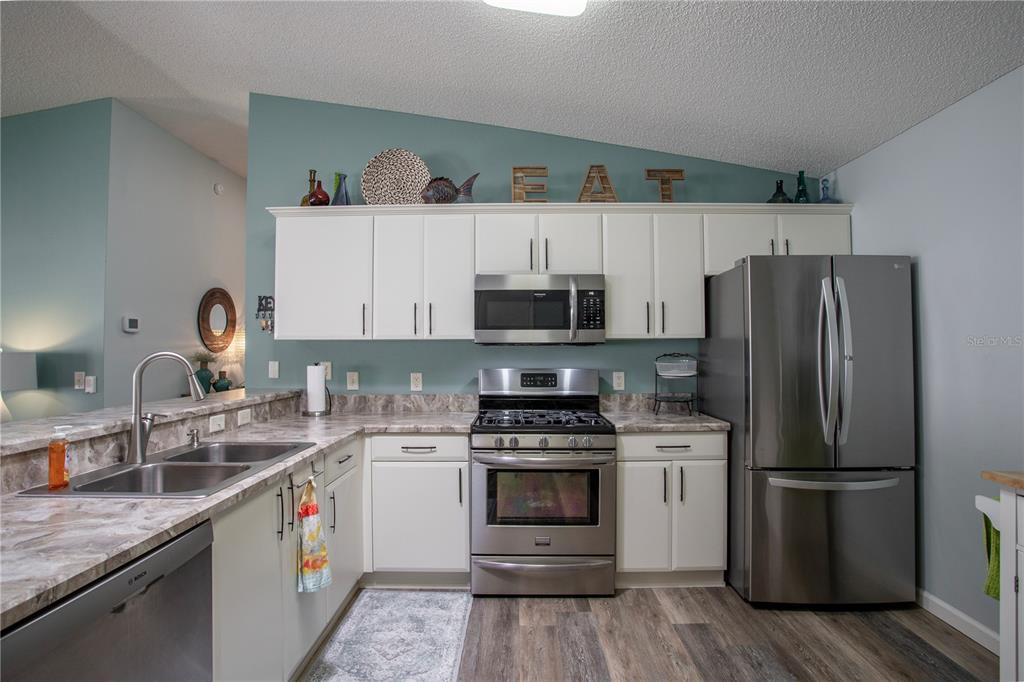 A kitchen features white cabinets, stainless steel appliances, and a teal accent wall — 17403 SE 77TH SYCAMORE AVENUE, THE VILLAGES, FL