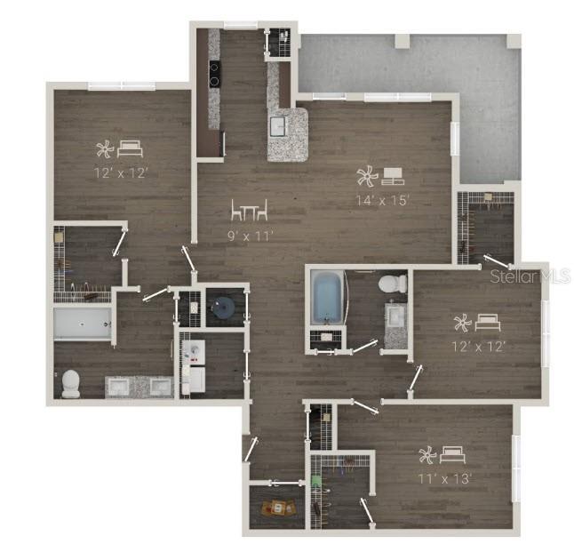 This is a floor plan rendering of a three-bedroom apartment with wood-look flooring throughout — 1420 LAKEFRONT DRIVE UNIT 7111, SARASOTA, FL