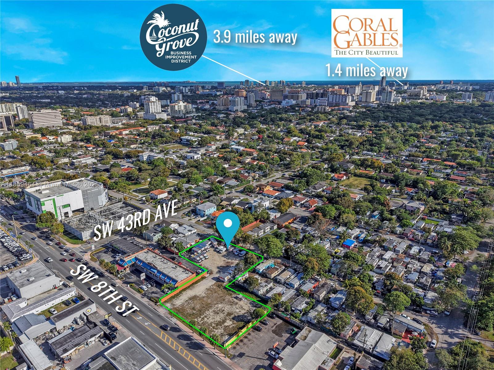 This aerial view shows a vacant lot outlined in green near a city intersection — 4350 SW 8th St, Coral Gables FL 33134, CORAL GABLES, FL