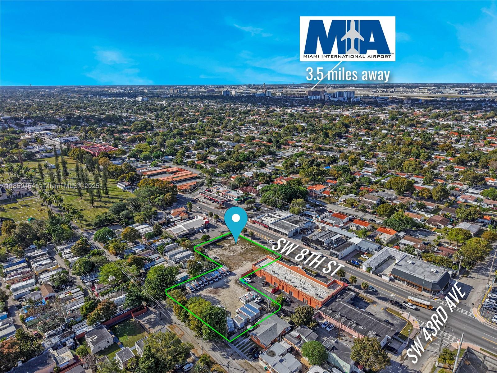 An aerial view shows a vacant lot and a commercial building outlined in green — 4350 SW 8th St, Coral Gables FL 33134, CORAL GABLES, FL