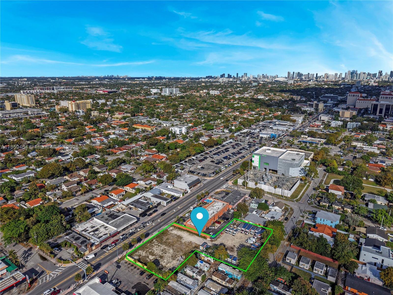 An aerial view shows a vacant lot outlined in green next to a commercial building — 4350 SW 8th St, Coral Gables FL 33134, CORAL GABLES, FL