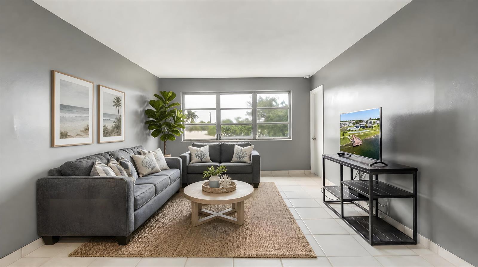 A living room features gray walls, a gray sofa and loveseat, and tile flooring — 2309 Park Lane # 202, Hollywood FL 33021, HOLLYWOOD, FL