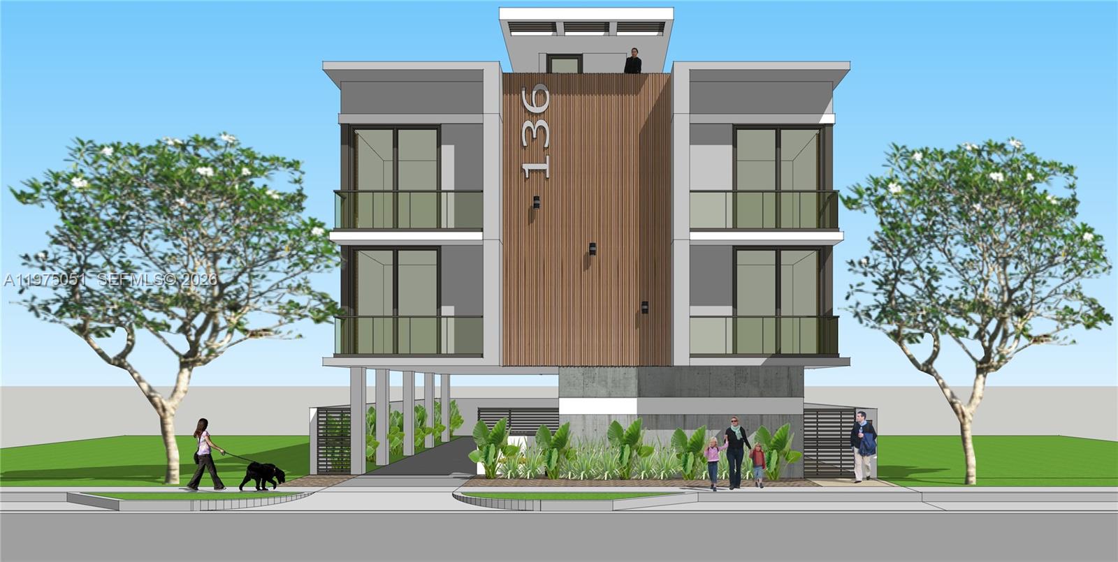 A digital architectural rendering of a modern three-story building with a wood-paneled facade — 136 sw 11th Ave, Miami FL 33130, MIAMI, FL